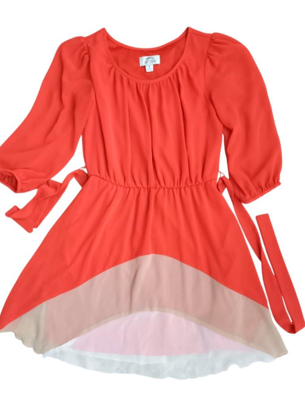 Sweet Storm Coral Boho Dress – Women’s Size S, Flowy Tie Waist Mini Dress